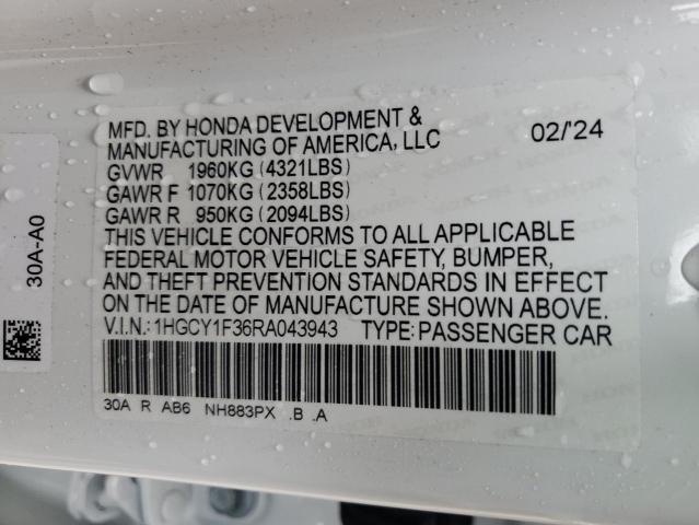 1HGCY1F36RA043943 - 2024 HONDA ACCORD EX WHITE photo 13