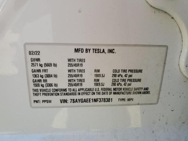 7SAYGAEE1NF378381 - 2022 TESLA MODEL Y WHITE photo 13