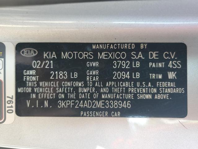3KPF24AD2ME338946 - 2021 KIA FORTE FE SILVER photo 12