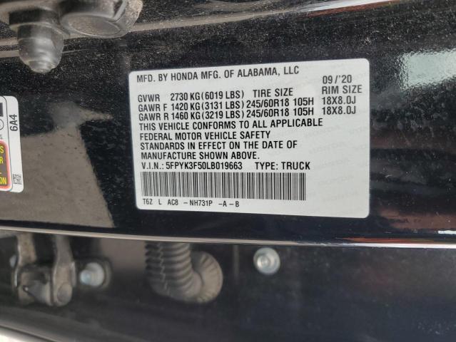 5FPYK3F50LB019663 - 2020 HONDA RIDGELINE RTL BLACK photo 13