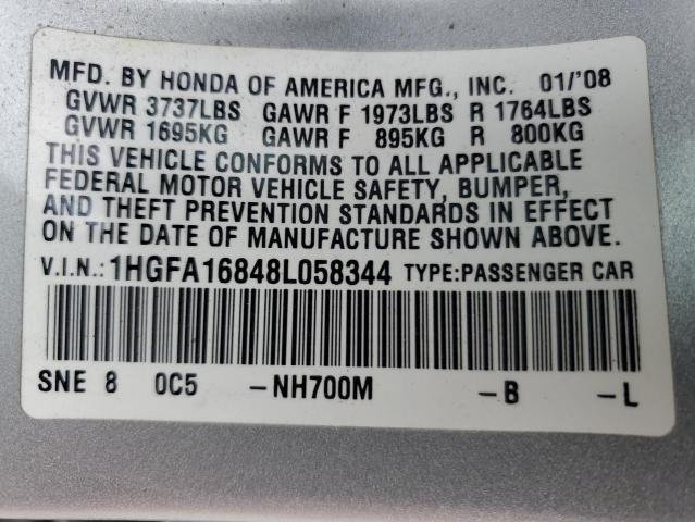 1HGFA16848L058344 - 2008 HONDA CIVIC EX 银色 照片 12