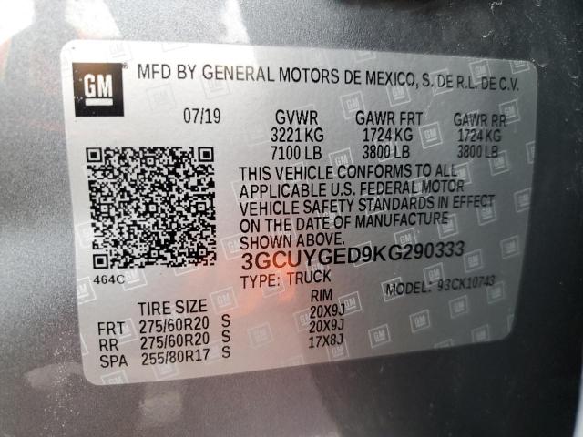 3GCUYGED9KG290333 - 2019 CHEVROLET SILVERADO K1500 LTZ GRAY photo 12