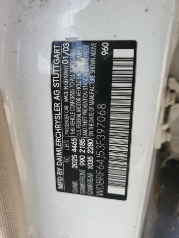 WDBRF64J53F397068 - 2003 MERCEDES-BENZ C 320 WHITE photo 12