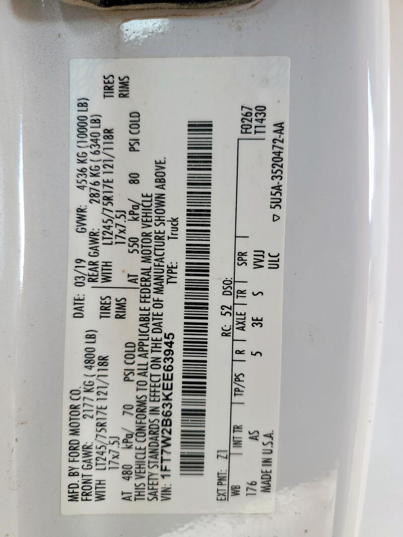 1FT7W2B63KEE63945 - 2019 FORD F250 SUPER DUTY WHITE photo 12