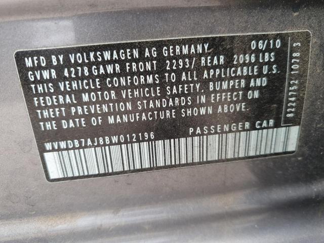 WVWDB7AJ8BW012196 - 2011 VOLKSWAGEN GOLF GRAY photo 12