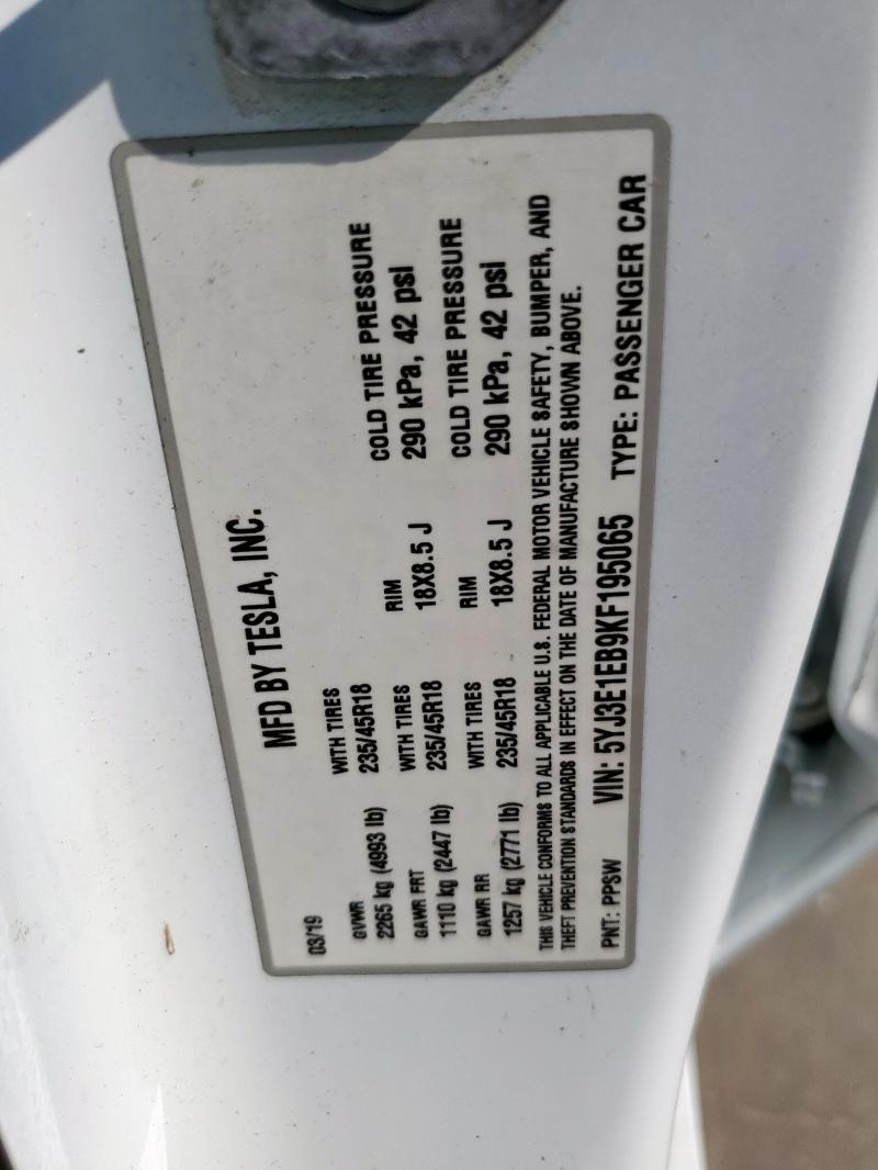 5YJ3E1EB9KF195065 - 2019 TESLA MODEL 3 თეთრი ფოტო 12