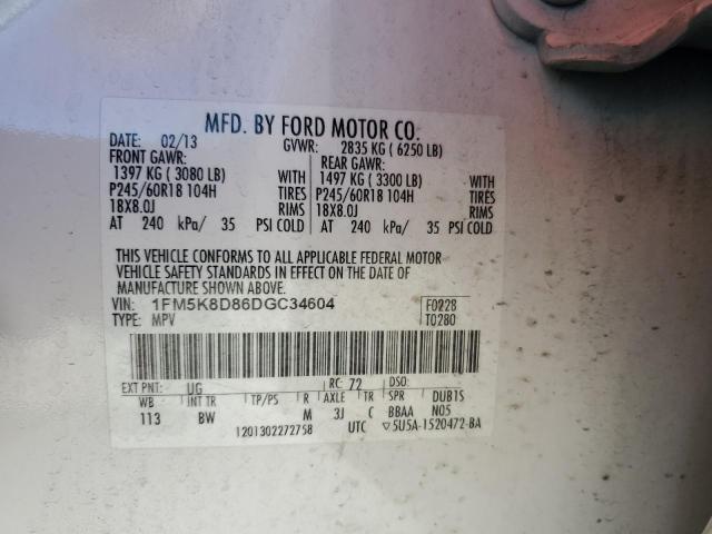 1FM5K8D86DGC34604 - 2013 FORD EXPLORER XLT WHITE photo 12