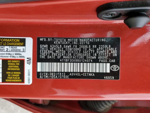 4T1BF3EK8BU124074 - 2011 TOYOTA CAMRY BASE RED photo 12