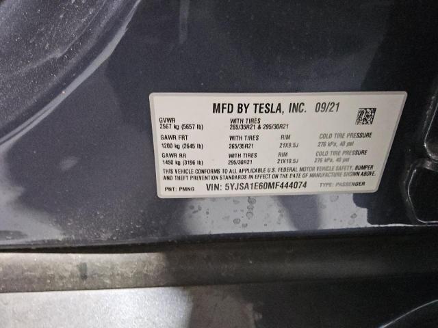 5YJSA1E60MF444074 - 2021 TESLA MODEL S Gümüş foto 12