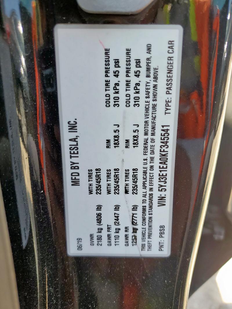5YJ3E1EA0KF345541 - 2019 TESLA MODEL 3 BLACK photo 12