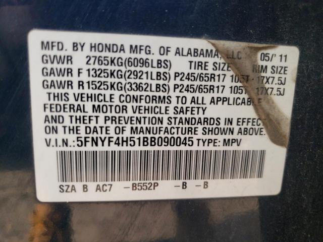 5FNYF4H51BB090045 - 2011 HONDA PILOT EXL BLUE photo 13