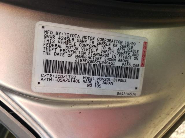 JT8BF28G6Y0249451 - 2000 LEXUS ES 300 SILVER photo 12