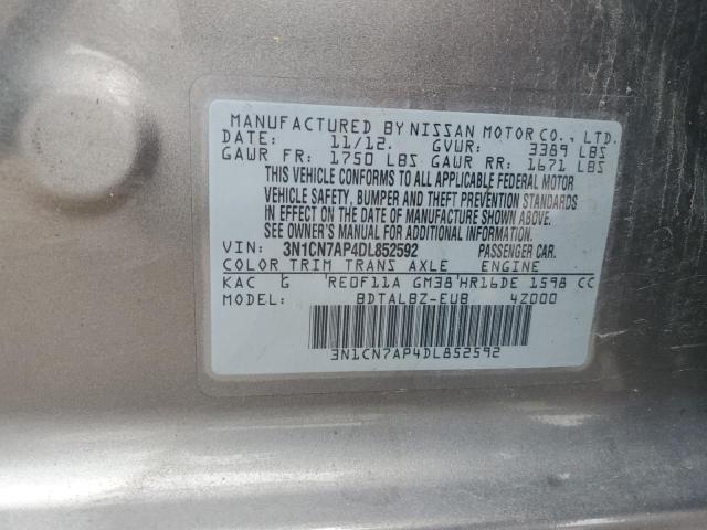 3N1CN7AP4DL852592 - 2013 NISSAN VERSA S GRAY photo 12