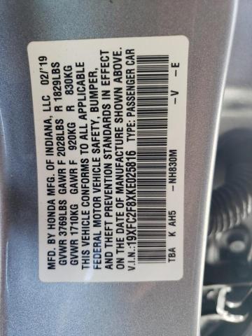 19XFC2F8XKE025816 - 2019 HONDA CIVIC SPORT 银色 照片 12