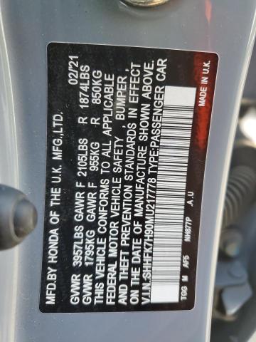 SHHFK7H90MU217778 - 2021 HONDA CIVIC SPORT TOURING BLUE photo 12