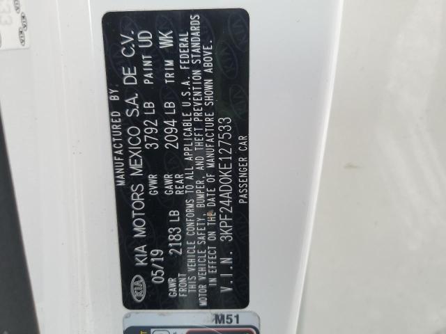 3KPF24AD0KE127533 - 2019 KIA FORTE FE 白色 照片 12