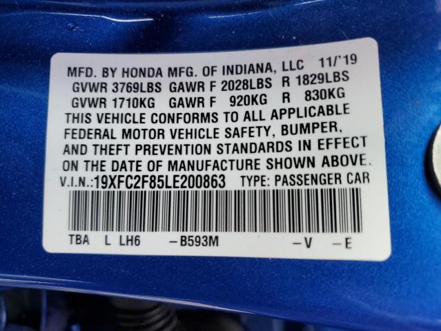 19XFC2F85LE200863 - 2020 HONDA CIVIC SPORT BLUE photo 12