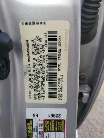1NXBU4EE2AZ374575 - 2010 TOYOTA COROLLA BASE Argent photo 12
