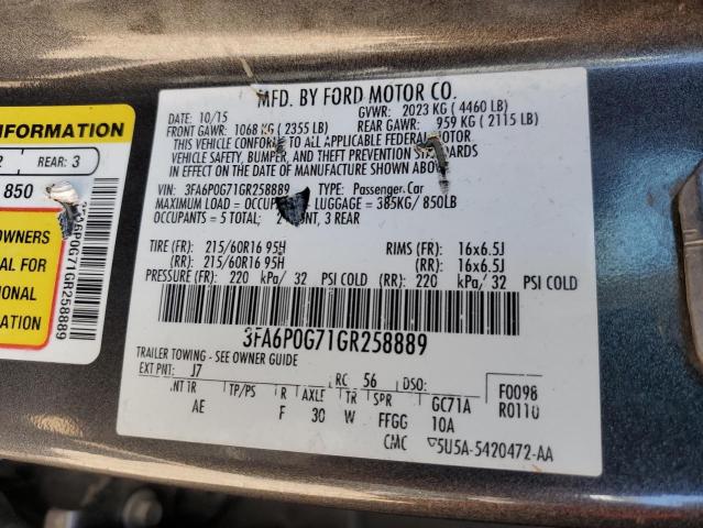 3FA6P0G71GR258889 - 2016 FORD FUSION S GRAY photo 12