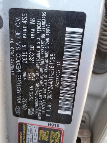 3KPA24AB1KE161098 - 2019 KIA RIO S SILVER photo 12