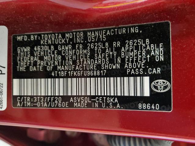 4T1BF1FK6FU968817 - 2015 TOYOTA CAMRY LE BURGUNDY photo 12