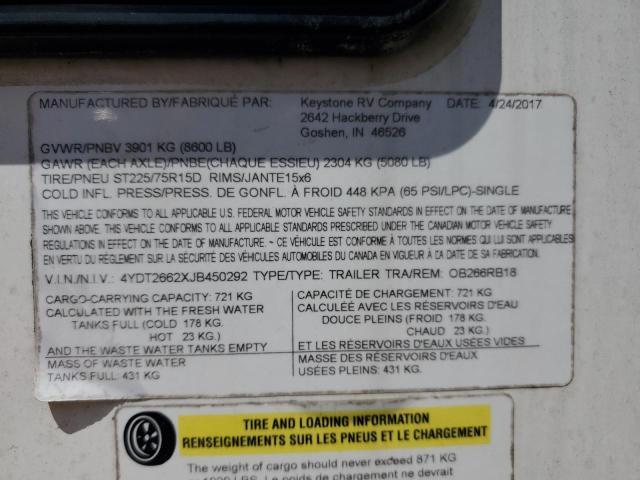 4YDT2662XJB450292 - 2018 KEYSTONE OUTBACK BEIGE photo 10