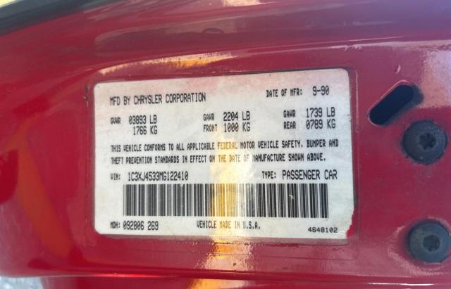 1C3XJ4533MG122410 - 1991 CHRYSLER LEBARON RED photo 10