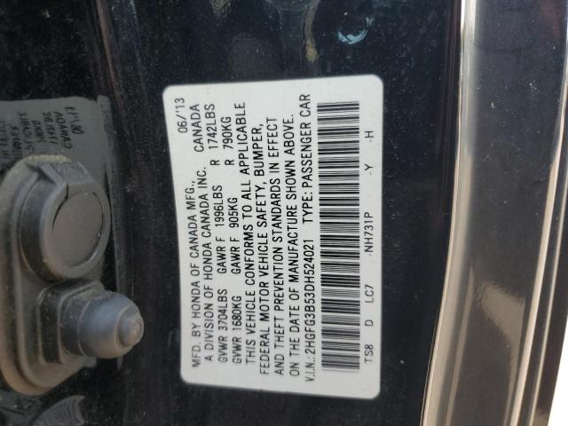 2HGFG3B53DH524021 - 2013 HONDA CIVIC LX BLACK photo 12