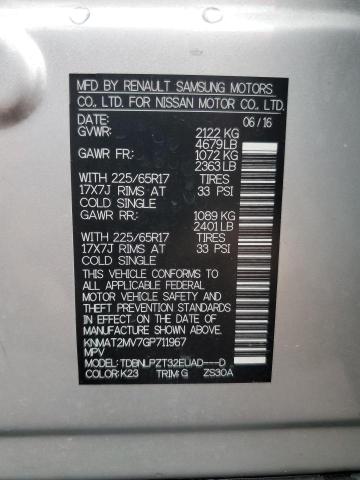 KNMAT2MV7GP711967 - 2016 NISSAN ROGUE S SILVER photo 14