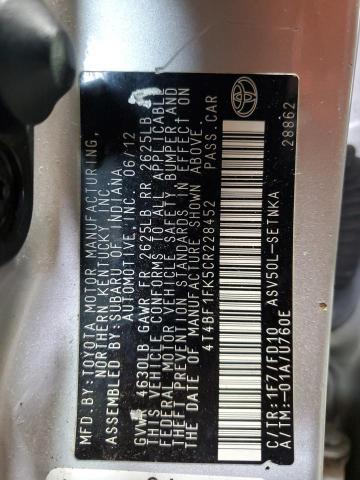 4T4BF1FK5CR228452 - 2012 TOYOTA CAMRY BASE SILVER photo 12