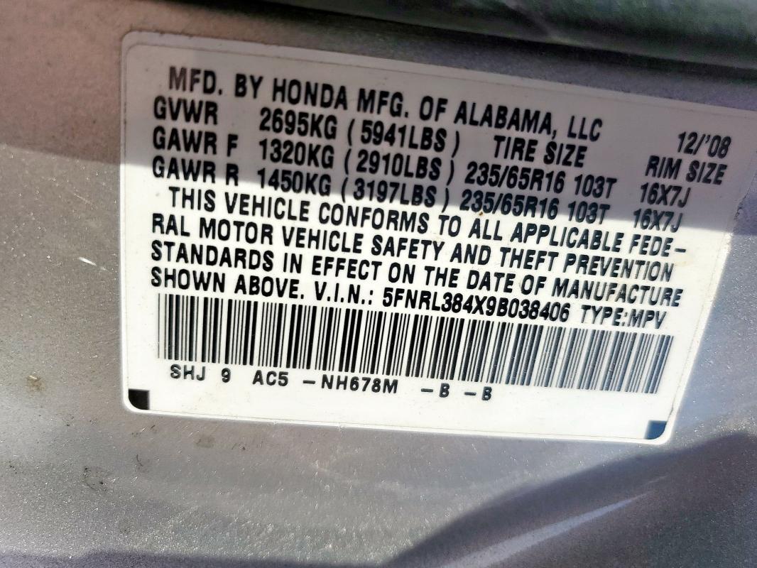 5FNRL384X9B038406 - 2009 HONDA ODYSSEY EX Бежевый фото 13