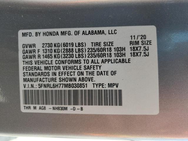 5FNRL6H77MB030851 - 2021 HONDA ODYSSEY EXL SILVER photo 13