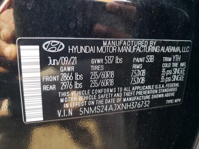 5NMS24AJXNH376732 - 2022 HYUNDAI SANTA FE SEL BLACK photo 12