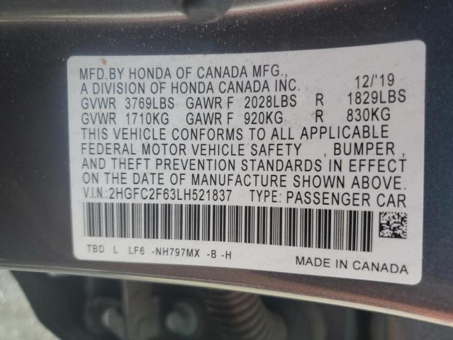 2HGFC2F63LH521837 - 2020 HONDA CIVIC LX GRAY photo 12