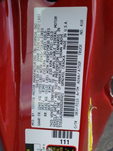 5TEUU42N99Z628321 - 2009 TOYOTA TACOMA ACCESS CAB წითელი ფოტო 12