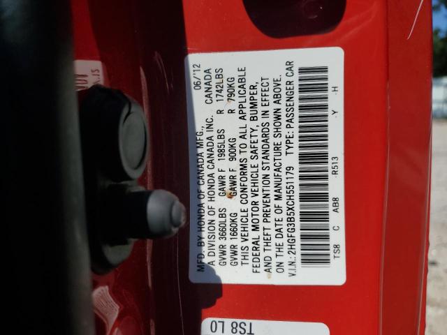 2HGFG3B5XCH551179 - 2012 HONDA CIVIC LX 红色 照片 12