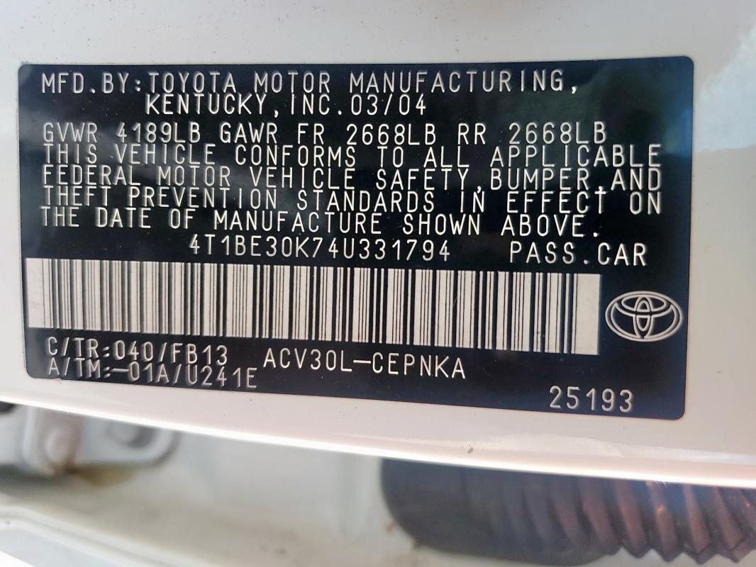 4T1BE30K74U331794 - 2004 TOYOTA CAMRY LE WHITE photo 12