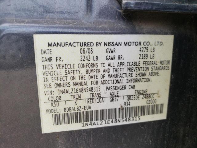 1N4AL21E48N548315 - 2008 NISSAN ALTIMA 2.5 GRAY photo 10