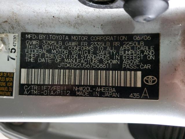 JTDKB22U567508611 - 2006 TOYOTA PRIUS ვერცხლისფერი ფოტო 12