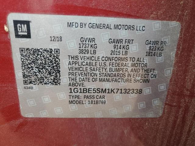 1G1BE5SM1K7132338 - 2019 CHEVROLET CRUZE LT Burdeos foto 12