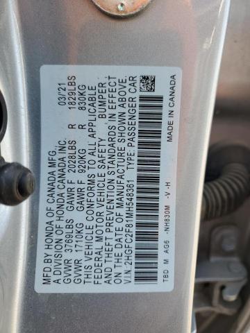 2HGFC2F81MH548361 - 2021 HONDA CIVIC SPORT Gümüş foto 12