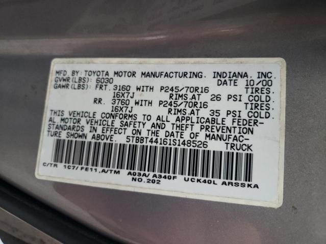5TBBT44161S148526 - 2001 TOYOTA TUNDRA ACCESS CAB ვერცხლისფერი ფოტო 12