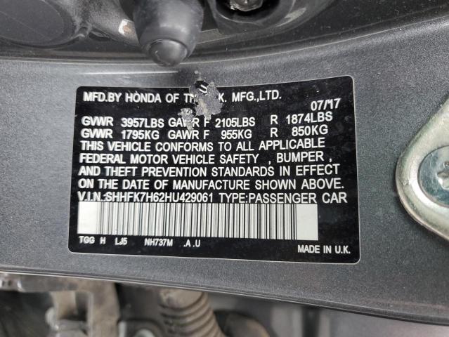 SHHFK7H62HU429061 - 2017 HONDA CIVIC EX GRAY photo 14