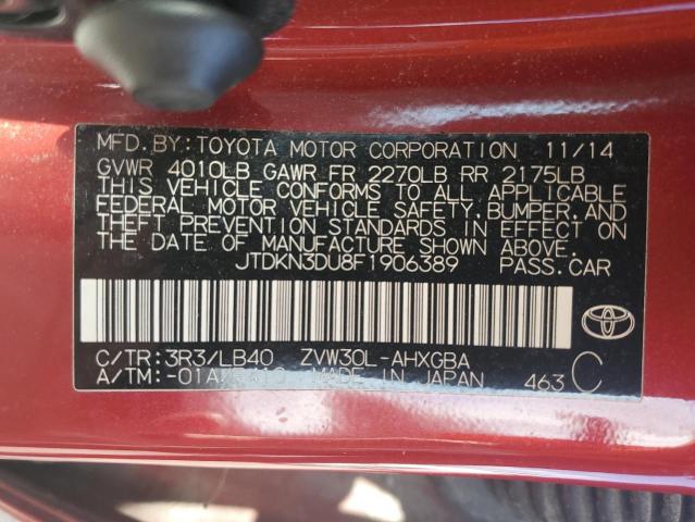 JTDKN3DU8F1906389 - 2015 TOYOTA PRIUS RED photo 12