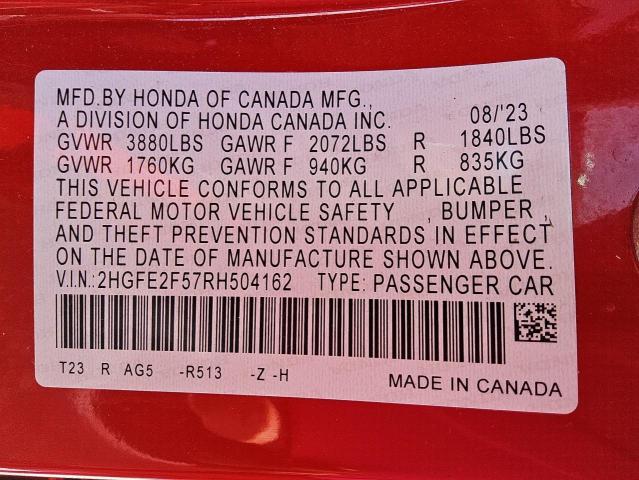 2HGFE2F57RH504162 - 2024 HONDA CIVIC SPORT 红色 照片 12