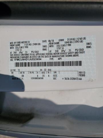 1FMCU9HD1JUD23654 - 2018 FORD ESCAPE SEL თეთრი ფოტო 13