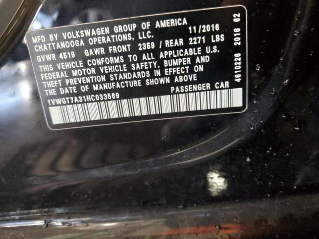 1VWGT7A31HC033569 - 2017 VOLKSWAGEN PASSAT SE BLACK photo 12