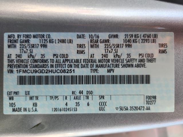 1FMCU9GD2HUC08251 - 2017 FORD ESCAPE SE 银色 照片 13