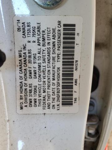 2HGFB2F50FH504704 - 2015 HONDA CIVIC LX WHITE photo 12