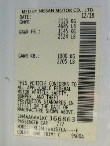 1N4AA6AV1KC366863 - 2019 NISSAN MAXIMA S WHITE photo 13